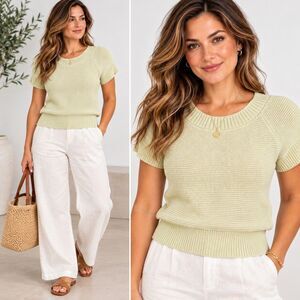 Dazy Women’s Cream Textured Knit Short Sleeve Sweater Ribbed Size Medium